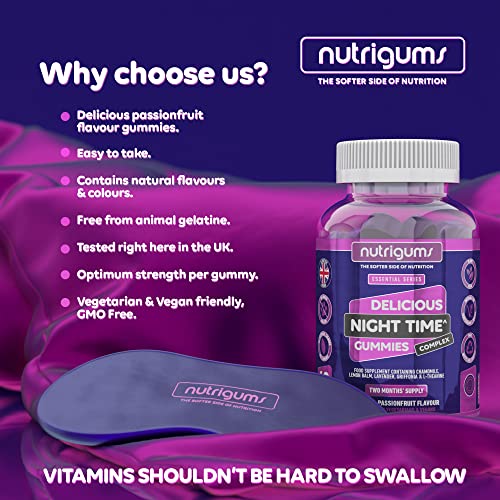 Night Time Complex Gummy | Passionfruit Flavour | 60 Vegan Gummies | Chamomile, Lemon Balm, Lavender, Griffonia & L-Theanine | Sleep & Bed Relaxation Support by NUTRIGUMS®