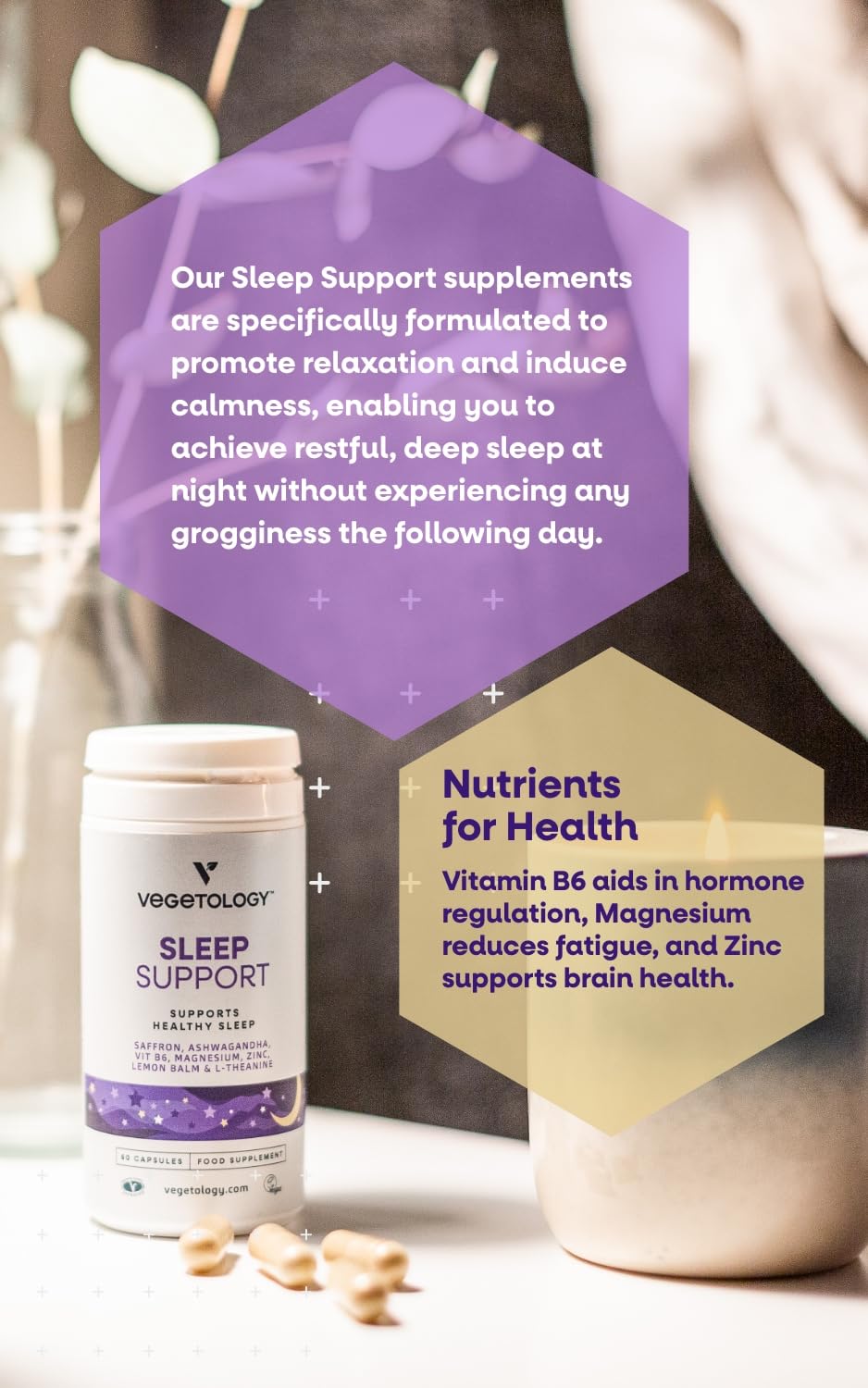 Vegetology Sleep Support | Natural Sleep Aid with Saffron, Ashwagandha & Lemon Balm | Scientifically Formulated for Deep Rest | 100% Vegan & Made in UK | Ethical & Sustainably Sourced