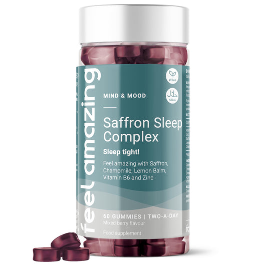 Feel Amazing Saffron Sleep Complex Gummies - Natural Sleep Aid with Lemon Balm, Chamomile, Zinc & Vitamin B6 - Vegan, Halal - Mixed Berry Flavour, 60 Gummies, 30-Day Supply (1)