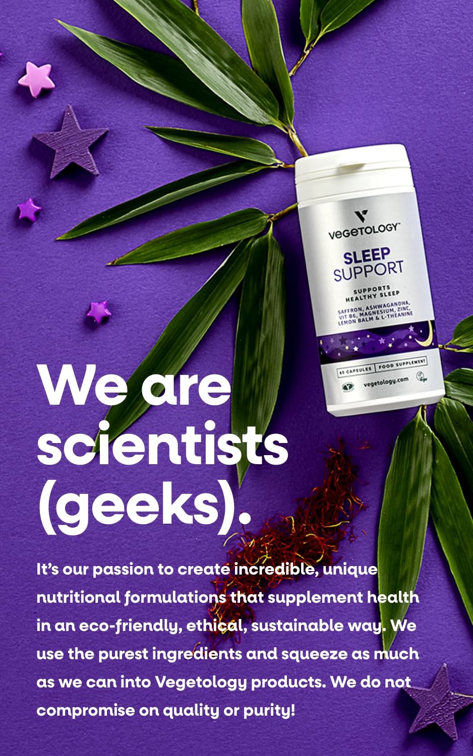 Vegetology Sleep Support | Natural Sleep Aid with Saffron, Ashwagandha & Lemon Balm | Scientifically Formulated for Deep Rest | 100% Vegan & Made in UK | Ethical & Sustainably Sourced